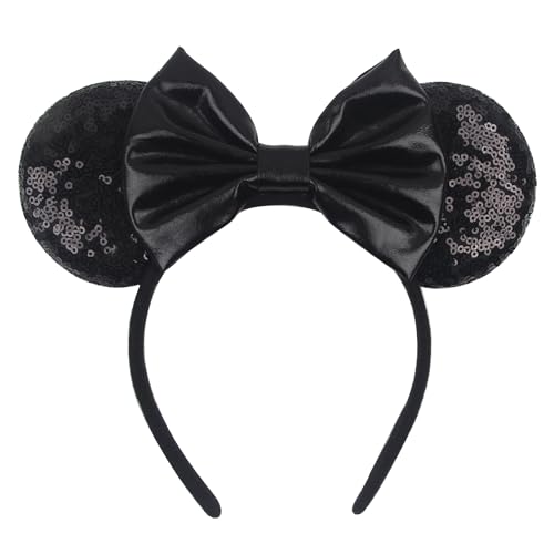 Mouse Ears Headband - Velvet Hair Bow Headwear with Sparkle Sequins for Women, Girls & Boys (Black Bow)