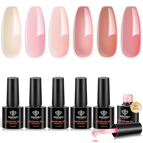 modelones Builder Nail Gel Set, 6 Colors Gel Builder 8-in-One, Red Pink Hard Gel Builder Nail Polish Nail Strengthener Extension Gel LED Nail Lamp Cured Color Base