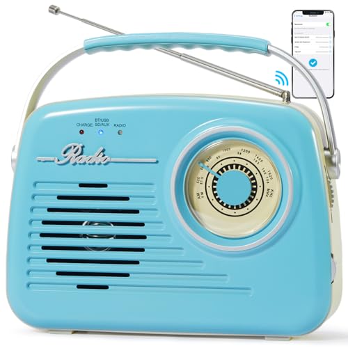 Bingxue Portable Am Fm Radios, Radio Bluetooth Support Battery Operated or Plug in Wall for Home/Outdoor, Strong Reception & Sound, Large Dial Easy to Use, Gifts for Seniors Elderly (Blue)