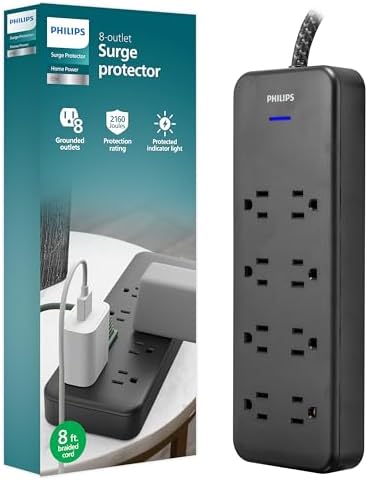 Philips EZFit 8-Outlet Surge Protector Power Strip, 8 Ft Braided Extension Cord, Widely Spaced Outlets, Flat Plug, for Home Office Dorm Essentials, 2160 Joules, Black, SPP3673B/37