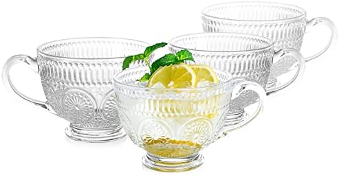 LUXU Vintage Glass Coffee Tea Mugs(Set of 4)-Wide Mouth-16 oz-Large Coffee Tea Cups,Clear Glass Breakfast Soup Mugs,Lead-free Drinking Glassware for Water,Milk,Cappuccino,Dessert,Beverages