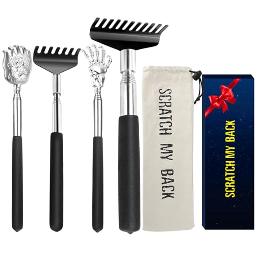 Oversized Back Scratcher Gift Set, 4 Pack Portable Extendable Stainless Steel Telescoping Massage Tool, Gift/Stocking Stuffers for Men Women