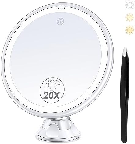 B Beauty Planet 2025 Upgraded Magnifying Mirror with Light, 20X Lighted Magnifying Mirror with Suction Cup and Tweezers, 3 Colors Vanity Mirror, 360 Rotation, Makeup Mirror with Lights 8 Inches