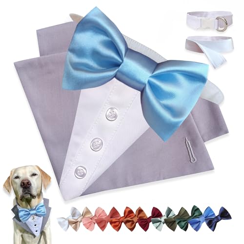 Custom-Fit Dog Tuxedo with Bow Tie & Lapel Uncut Cham Eyelet | Keyhole Fishtail Buttonhole Design | Optional Ring Bearer Clasp | Perfect Outfit for Wedding & Birthday by ACORD EU (Light Gray)