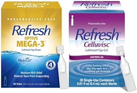Refresh Optive Mega-3 Lubricant Eye Drops, Preservative-Free, 30 Single-Use Containers + Celluvisc Lubricant Eye Gel Drops, 30 Single-Use Containers