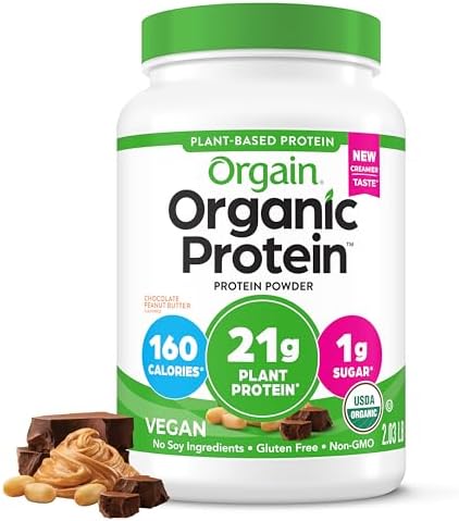 Orgain Organic Vegan Protein Powder, Chocolate Peanut Butter - 21g Plant Protein, 6g Prebiotic Fiber, Low Net Carb, No Lactose Ingredients, No Added Sugar, Non-GMO, For Shakes & Smoothies, 2.03 lb