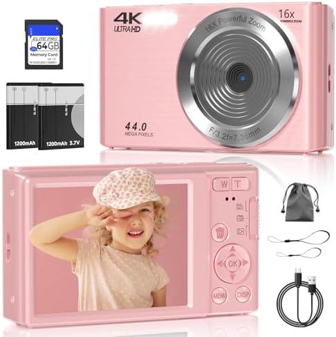 Digital Camera, FHD 4K 44MP Digital Camera for Photography, 16X Digital Zoom, Digital Point and Shoot Camera with 3-LED Fill Lights, 64GB SD Card, Compact Camera for Kids Teen Boys Girls, Pink