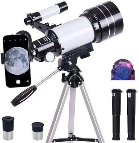 iMeshbean 70mm Aperture Telescope for Adults & Kids,300mm Astronomical Refractor Telescope(15X-150X) for Beginners,Portable Travel Telescope with Eyepieces,Barlow Lens,Moon Filter,Phone Adapter