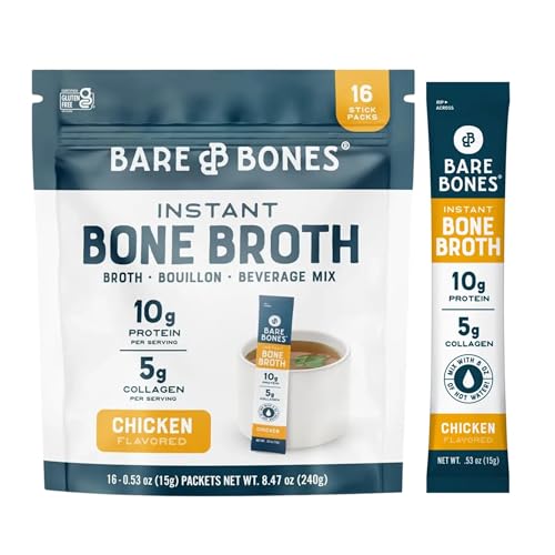 Bare Bones Chicken Bone Broth Instant Mix – 10g Protein, No Artificial Flavors, 16 Pack