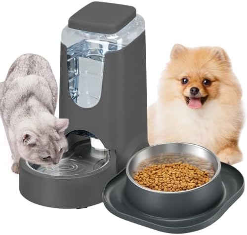 Automatic Cat Water Feeder and Food Bowl, Gravity Stainless Steel Cat Waterer Set for Small Medium Kitten Puppy Pets(1 Gallon + 12oz，Grey)
