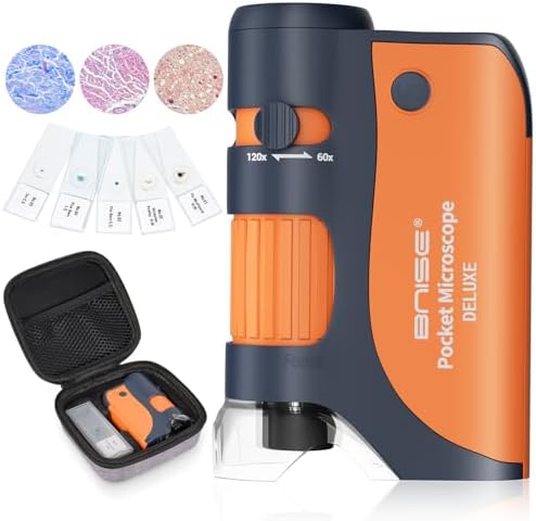 BNISE Pocket Microscope, Portable Mini Microscope Kids 60X-120X, Handheld Microscope with 5 Microscope Slides and Carrying Case for Microbiological Observation Lab Study Educational