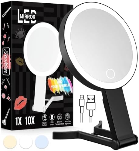 Travel Makeup Mirror with Lights, Lightened 10X/1X Double Sided Magnifying Mirror with 3 Colors, Brightness Adjustable Portable LED Mirror Valentines Day Gifts for Her Women Girls (Black)
