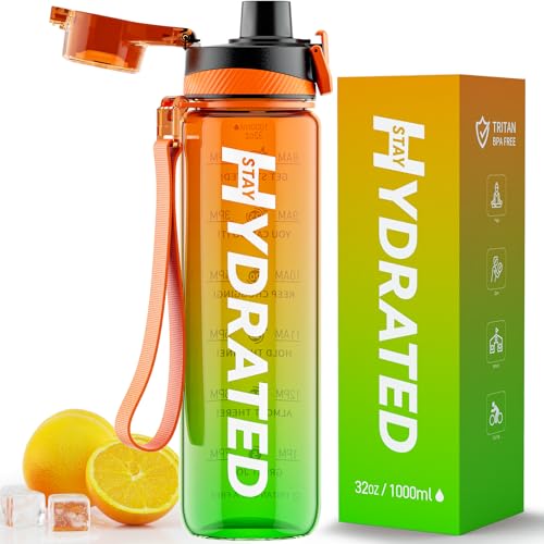 Water Bottle, 32 oz Motivational Water Bottles with Time Marker-Tritan & BPA Free, Sports Water Bottle with Time to Drink & Strap, Wide Mouth, Leakproof -Gift for Christmas Gym Fitness & Outdoor