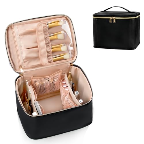 OCHEAL Makeup Bag,Large Travel Make Up Bag Organizer Cosmetic Bags for Women Black Makeup Case with Brush Organizer and Dividers - Large Leather