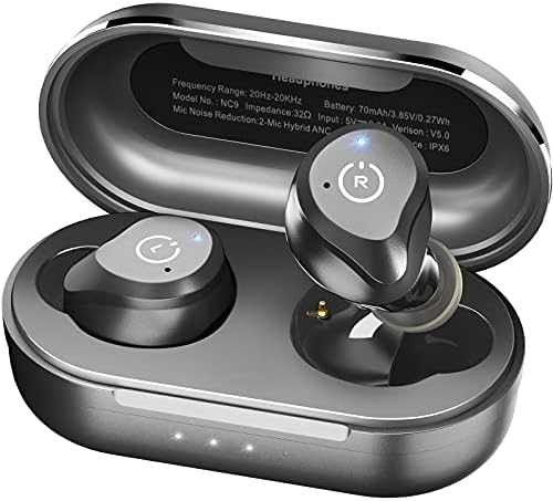 TOZO NC9 Hybrid Active Noise Cancelling Wireless Earbuds, in Ear Headphones IPX6 Waterproof Bluetooth 5.3 Stereo Earphones, Immersive Sound Premium Deep Bass Headset Matte Black.