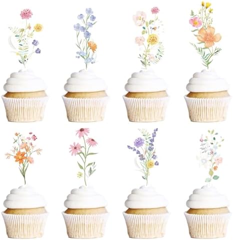 Wildflower Birthday Party Decorations - 40PCS Floral Cupcake Toppers Baby in Bloom Baby Shower Cake Decorations Wildflower Baby Shower Decor Flower Birthday Cupcake Toppers Girls