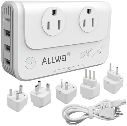 ALLWEI Power Voltage Converter 220V to 110V Step Down Travel Voltage Converter for Hair Straightener/Curling Iron, Universal Power Plug Adapter UK, US, AU, EU, IT, India (White)
