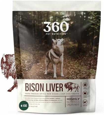 360 Pet Nutrition Freeze-Dried Raw Bison Liver Dog or Cat Treats/Bites, 1-Ingredient, High Protein, No Grain, Made in USA, All-Natural, 4 oz (Bison Liver), Healthy, Training Snacks, Premium Quality.