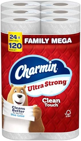 Charmin Toilet Paper Ultra Strong Clean Touch, 24 Family Mega Rolls = 120 Regular Rolls (Packaging May Vary), Bulk Toilet Paper, Household Essentials