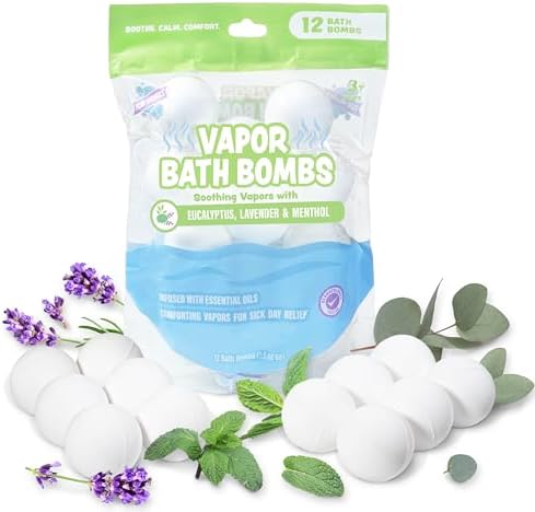 Tub Works® Vapor Bath Bombs for Toddlers & Kids, 12 Pack | Natural Essential Oils for Aromatherapy | Calming Eucalyptus Bath Bomb with Lavender & Menthol for Cold, Flu & Congestion Relief