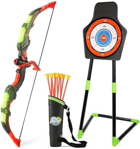 Archery Toy Set for Kids, LED Light Up Bow and Arrow Set with 10 Suction Cup Arrows, Standing Target & Quiver, Indoor Outdoor Games Stuff for Boys Girls Children Aged 3-12 Year Old