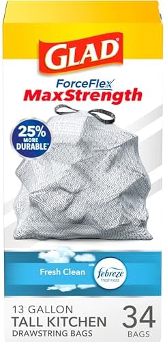 Glad ForceFlex MaxStrength Tall Kitchen Trash Bags, 13 Gal, Fresh Clean, 34 Ct (Package May Vary)