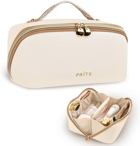 Prite Travel Cosmetic Bag Makeup Organizer Bag For Women Large Capacity Waterproof PU Leather Toiletry Bag with Handle and Clear Divider(Large Beige)