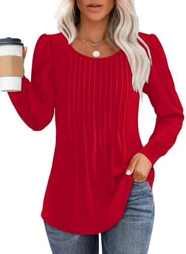 OFEEFAN Womens Long Sleeve Shirts Fall Tops Trendy Pleating Christmas Tunics or Tops to Wear with Leggings Blouse Red S