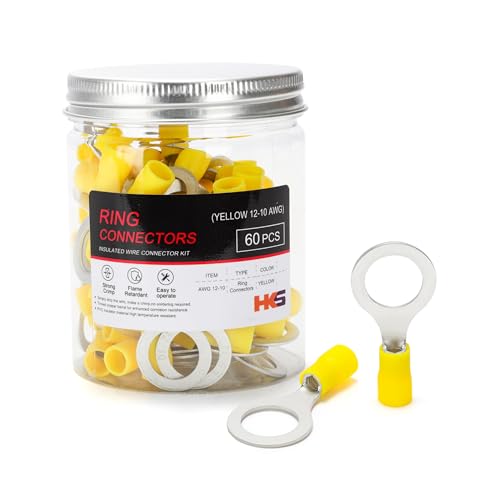 HKS 60PCS Insulated Ring Terminal 1/2" Yellow 12-10 AWG - M12 - Tinned Red Copper - Electrical Wire Connector Kit Crimp PVC