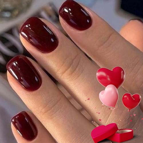 Modelones Press on Nails, Dark Red Short Square Fake Nails, Reusable Nail Kit with Nail Glue Adhesive Tabs Mini Nail File, Nails Press Ons 32Pcs16 Sizes, Valentine Gift
