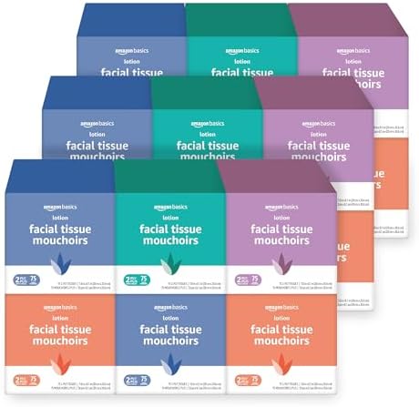 Amazon Basics Facial Tissue with Lotion, 2-Ply, 1350 Count (18 Packs of 75), (Packaging May Vary)