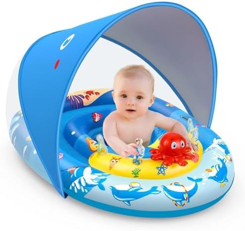 EZIGO Baby Pool Float with Canopy UPF50+ Sun Protection, Inflatable Kids Pool Float with Ocean Animal Toys for Babies 6-36 Months, Infant Swimming Float with Adjustable Safety Seat for Boys Girls