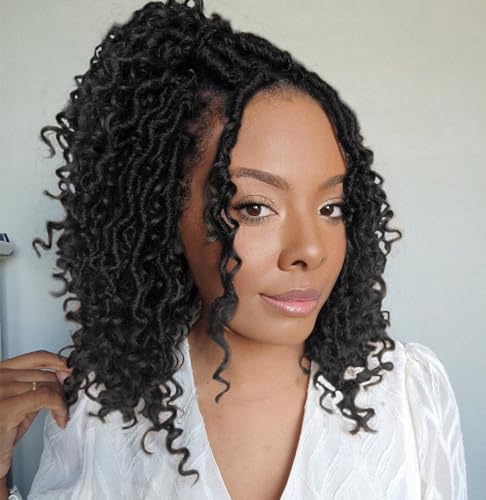 ZRQ 10 Inch Goddess Locs Crochet Hair Short Faux Locs Crochet Braids, 8 Packs Hippie Locs Croceht Hair Pre Looped River Locs With Curly Ends Bohemian Soft Locs Hair Extension 1B#