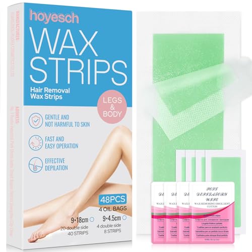 48Wax Strips -Wax Strips for Hair Removal - Facial Hair Removal for Women - Waxing Kit for Face, Body, Arms, Legs, Chest, Back, Bikini & Brazilian 48ct Waxing Strips & 4Calming Oil Wipes