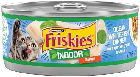 Purina Friskies Indoor Cat Food Flaked Ocean Whitefish Dinner With Garden Greens in Sauce - (Pack of 24) 5.5 oz. Cans