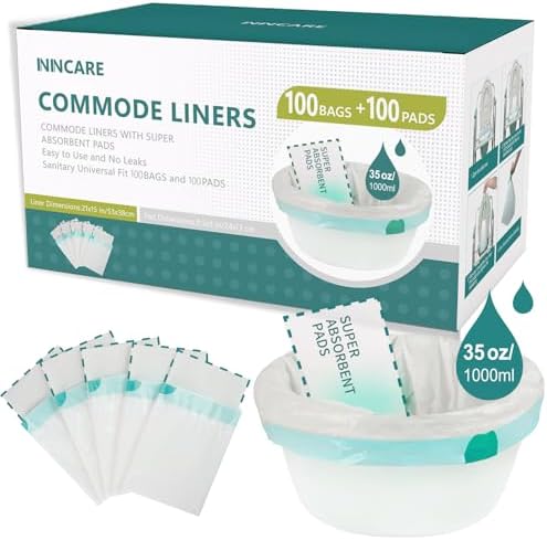 Commode Liners with Absorbent Pads，Value Pack 100 Count Universal Fit，Disposable Bedside Commode Liners and Pads for Adult Portable Toilet (100Bags + 100Pads)