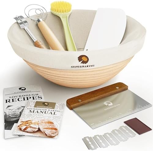Superbaking Banneton Bread Proofing Basket, Sourdough Bread Baking Supplies, Round 9 Inch Sourdough Starter Kit, Proofing Basket for Bread Baking, Bread Making Supplies Tools, Banneton Basket Gift Set