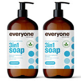 Everyone 3-in-1 Soap, Body Wash, Bubble Bath, Shampoo, 32 Ounce (Pack of 2), Unscented, Coconut Cleanser with Plant Extracts and Pure Essential Oils