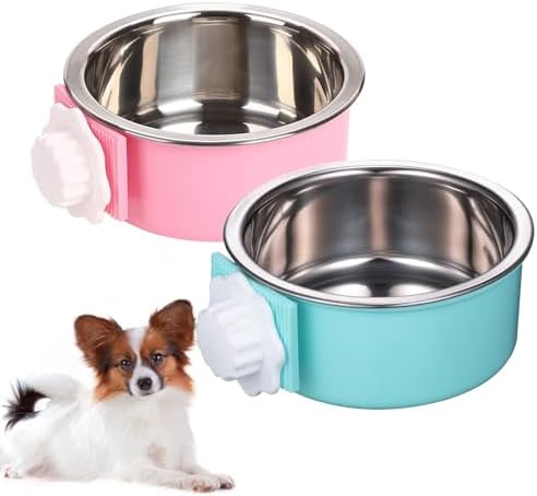 kathson Crate Dog Bowl, Removable Stainless Steel Hanging Pet Cage Bowl Food & Water Feeder Coop Cup for Cat, Puppy, Birds, Rats, Guinea Pigs 2pcs(Blue,Pink)