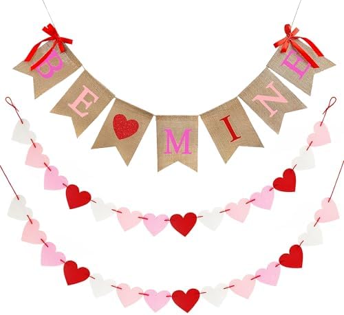 Valentines Day Burlap Banner, Valentines Decor for Home, Be Mine Hanging Banner & 28 Pcs Felt Heart Garland Banner Decor for Mantle Fireplace Wall, Decorations Pre-Assembled - No DIY Required