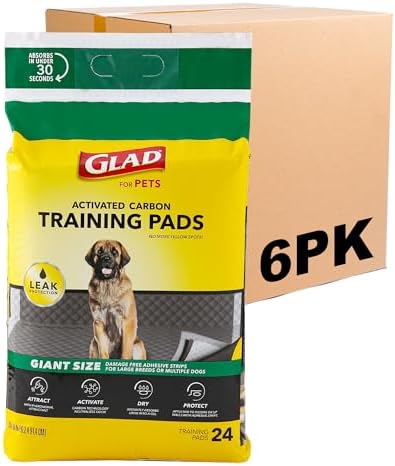 Glad for Pets Giant Size Activated Carbon Puppy Training Pads, All Day Style with Wall Protection and Adhesive | Super Absorbent and Leak Proof Dog Training Pads, 24 Count - 6 Pack