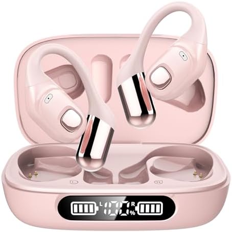 Open Ear Earbuds, Bluetooth 5.3 Wireless Air Conduction Headphones with Mic, LED Display Charging Case&Fast Charging, Ultra-Light Weight, 80H Playtime Earbuds for Work, Sports (Pink)