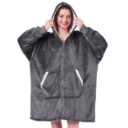 JOYWOO Wearable Blanket Hoodie, Birthday Christmas Gifts for Women Men Mom, Oversized Hooded Blanket for Adult, Cozy Fuzzy Sherpa Sweatshirt Blanket with Giant Pocket Zipper and Winter Gifts, Grey