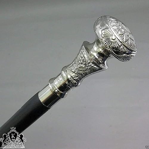 india.nautical.store Vintage Antique Walking Cane Wooden Walking Stick Silver Brass Handle Knob Gift, 39 Inch, Black