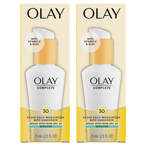 Olay Face Moisturizer Complete Daily Defense All Day Moisturizer With Sunscreen, SPF30 Sensitive Skin, 2.5 Fl Oz (Pack of 2)