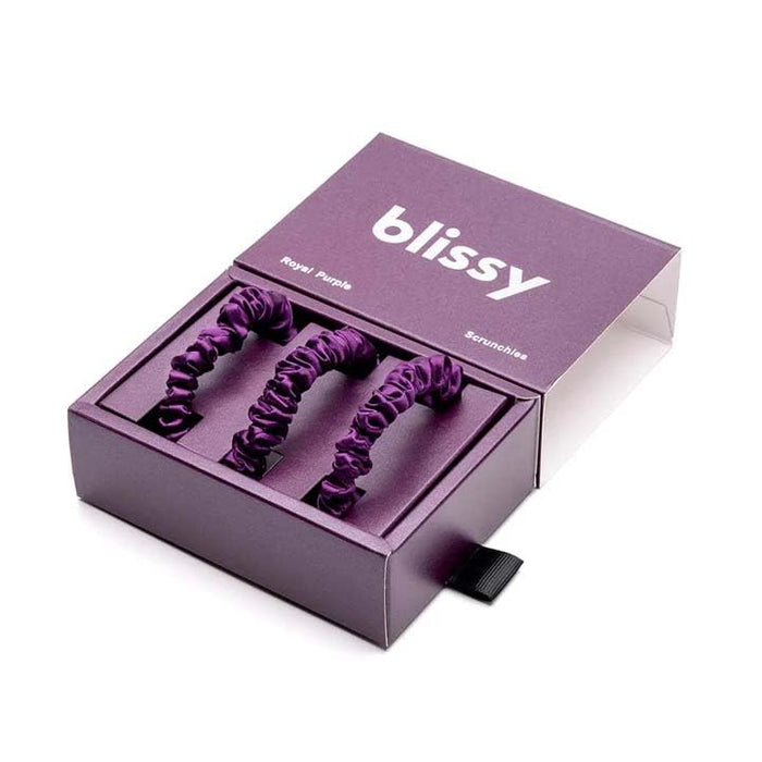Blissy Silk Scrunchies (3 Pack) - 100% Pure Mulberry Silk - 22 Momme 6A High-Grade Fibers - Silk Scrunchie for Straight & Curly Hair (Royal Purple, Skinny)
