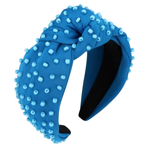 YISSION 1PC Pearl Knotted Headband for Women Non Slip Beaded Headband Wide Pearl Headbands for women Jeweled Embellished Hairband Blue Head Band Hair Accessories for Women Girls