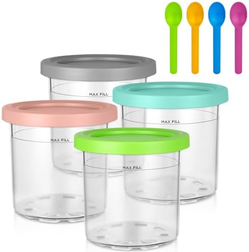 Creami Pint Containers for Ninja - 4 Pack Ninja Creami Pints and Lids,16oz Creamy Smoothie Containers Compatible with NC299AM & C300s Series, Ice Cream Maker Machine Accessories