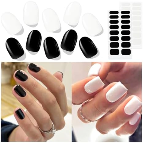 Modelones Semi Cured Gel Nail Strips, 64 Pcs Transparent Crystal Classic Black White Gel Nail Stickers Sheer Gel Polish Strips, Ultra-Glossy, Long Lasting, UV Light Required