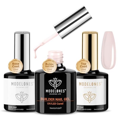 modelones Builder Nail Gel with Gel Base and Top Coat, Nude Pink Color Builder Nail Kit for Apex Building Thickening Extension, LED Lamp Cured Color Base Shine Finish Top Coat 10ml Home DIY Salon